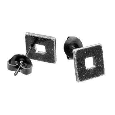 Aged stainless steel square earrings with stud closure. 2