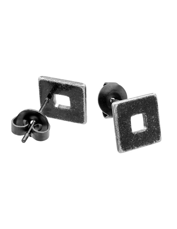 Aged stainless steel square earrings with stud closure.
