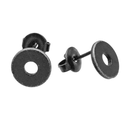 Aged stainless steel hoop earrings with stud closure.