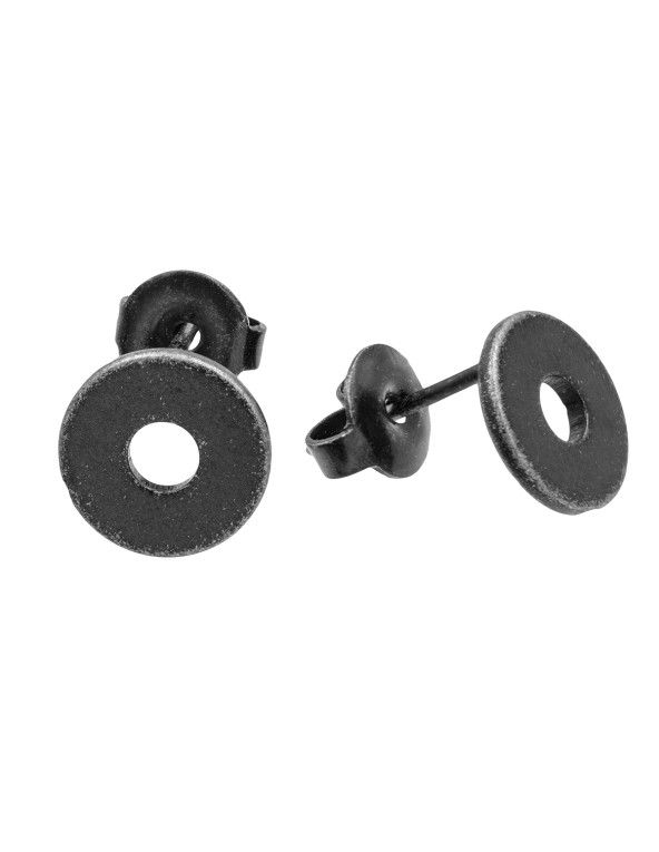 Aged stainless steel hoop earrings with stud closure.