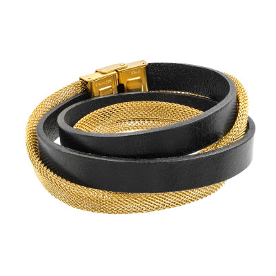 Black leather bracelet with gold mesh and gold watch clasp