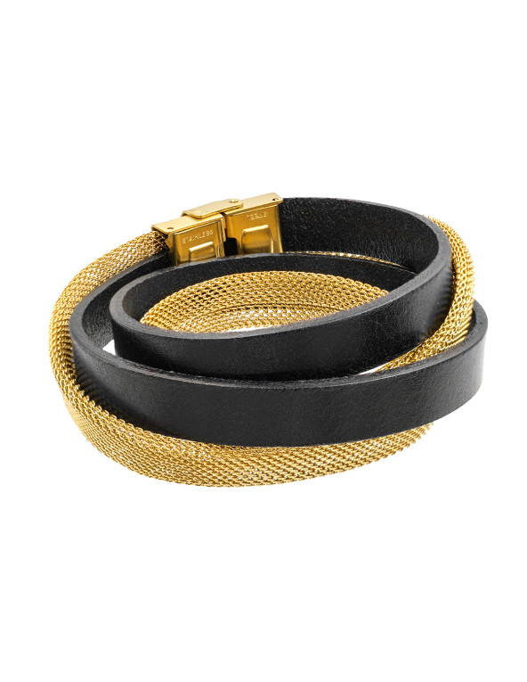 Black leather bracelet with gold mesh and gold watch clasp