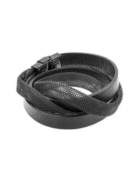 Black leather bracelet with matte steel mesh and black clasp