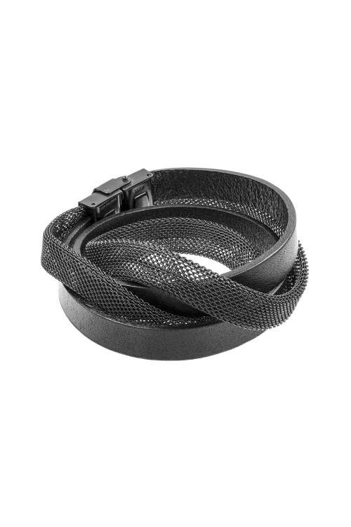 Black leather bracelet with matte steel mesh and black clasp