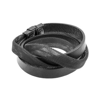 Men’s leather and matte black stainless steel bracelet with modern double-wrap design.