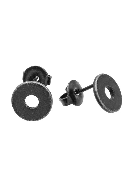 Men’s aged stainless steel hoop earrings with a raw, industrial finish.