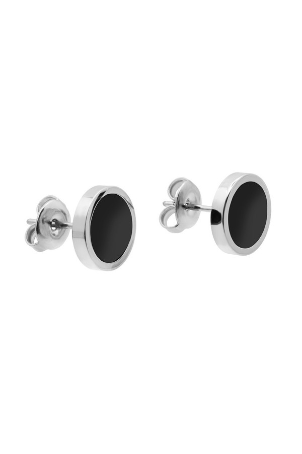Minimalist men's black stainless steel stud earrings with a modern round design.