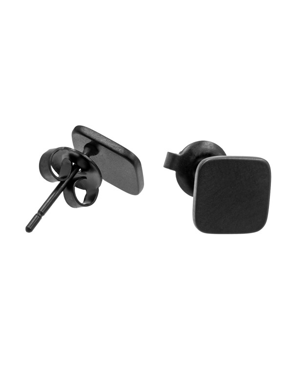 Men’s matte black stainless steel square earrings with a minimalist masculine finish.