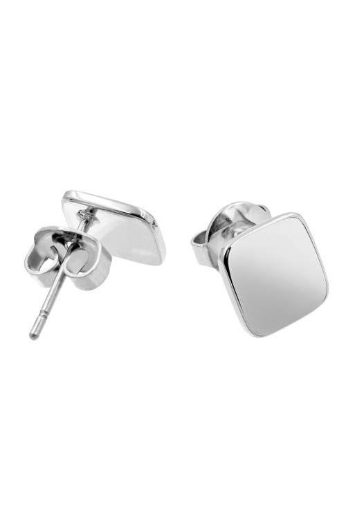 Men’s silver stainless steel square earrings with a polished modern finish.