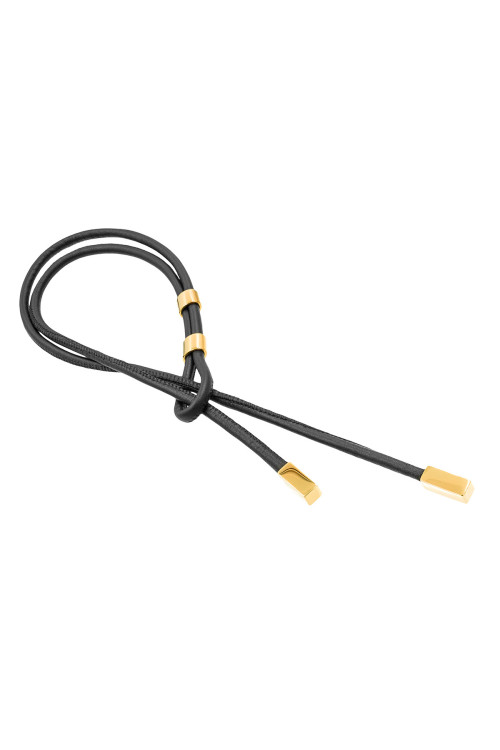 Delicate black leather necklace with shiny gold-plated stainless steel elements