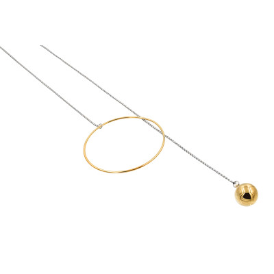 Silver long stainless steel necklace with gold sphere and ring accents.