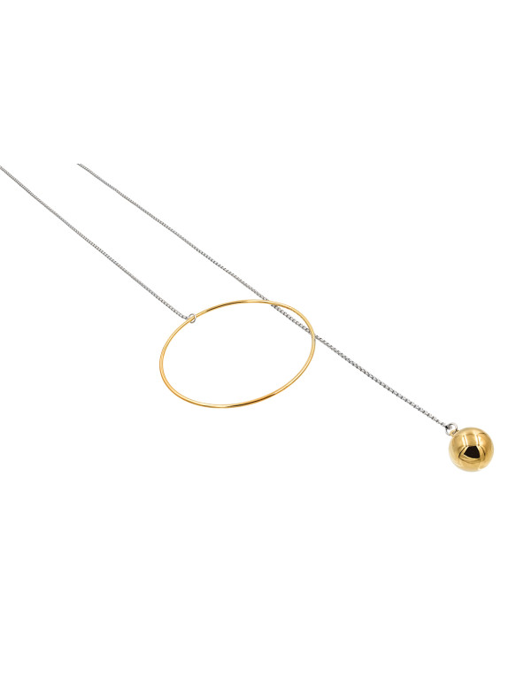 Silver long stainless steel necklace with gold sphere and ring accents.