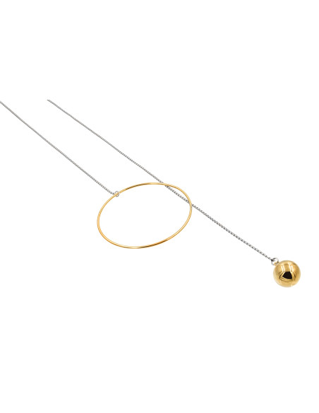 Silver long stainless steel necklace with gold sphere and ring accents.