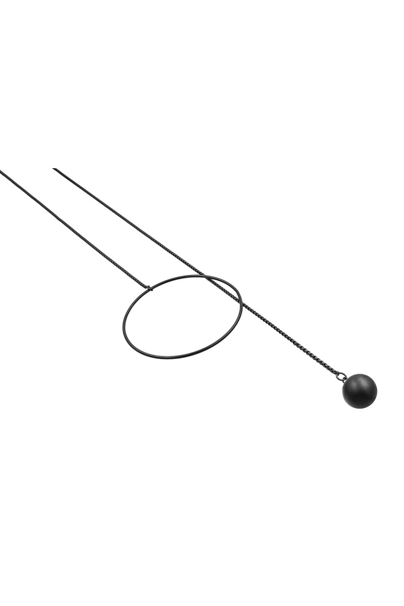 Matte black long stainless steel necklace with a modern minimalist finish.