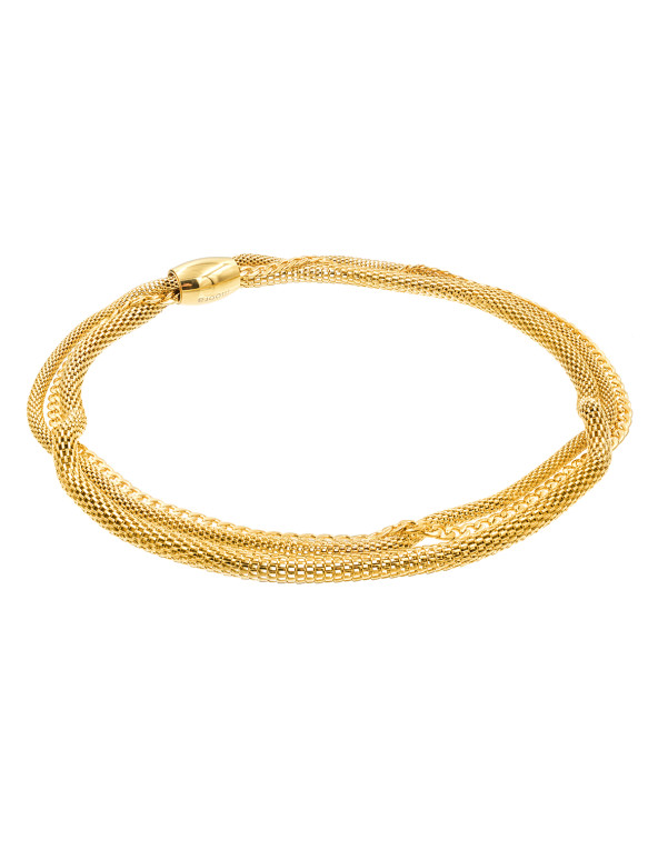 Gold stainless steel choker necklace made of three interlinked chains.