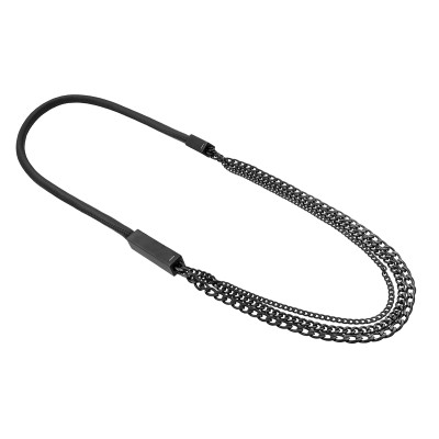 Long matte black leather and stainless steel necklace