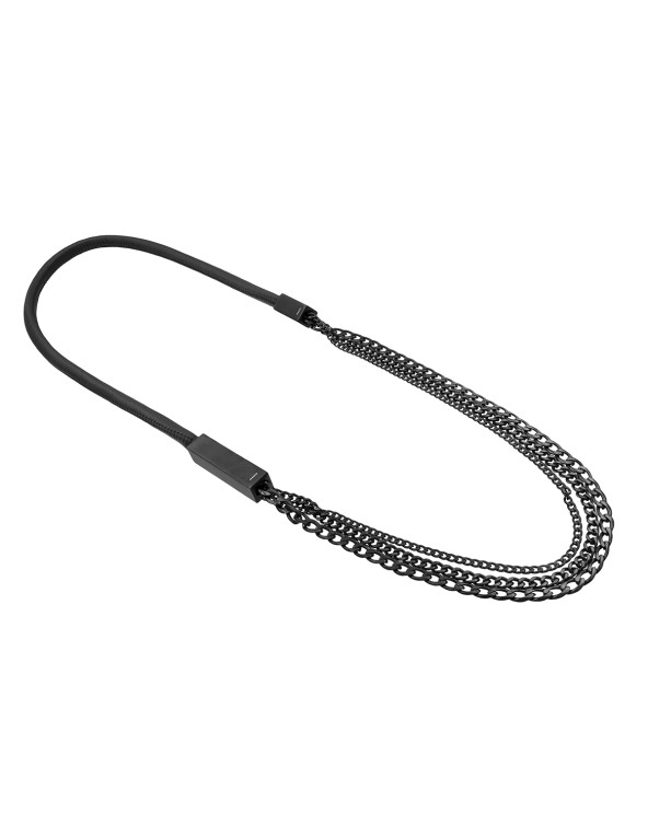 Long matte black leather and stainless steel necklace