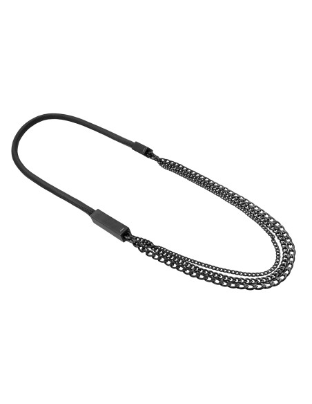 Long matte black leather and stainless steel necklace