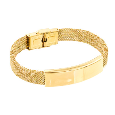 Women’s bracelet made of golden steel mesh with gold accent and clasp.