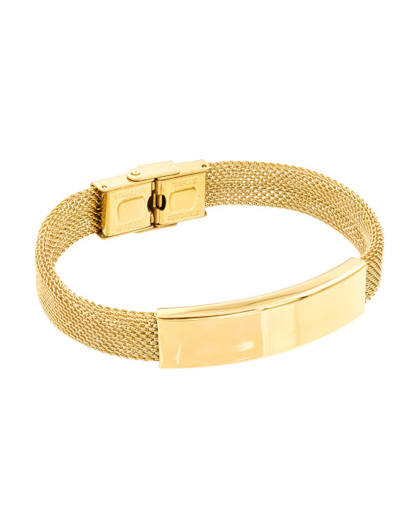 Women’s bracelet made of golden steel mesh with gold accent and clasp.