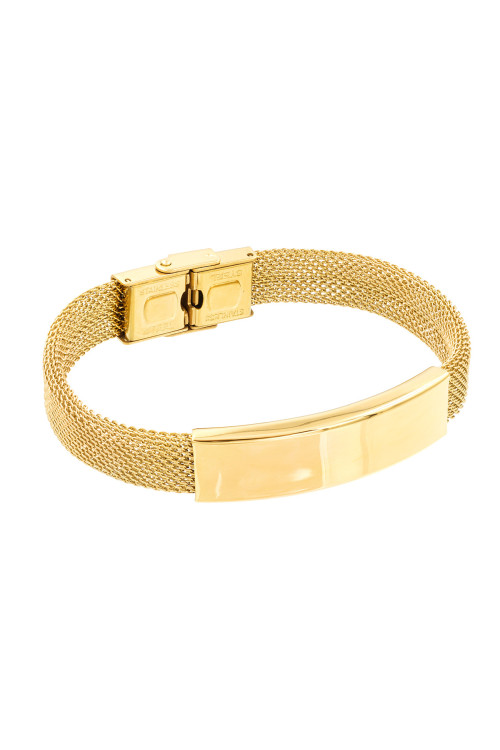 Women’s bracelet made of golden steel mesh with gold accent and clasp.