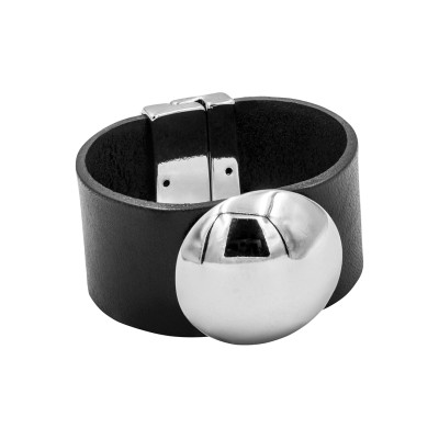 Black leather bracelet with wide polished steel element and classic design