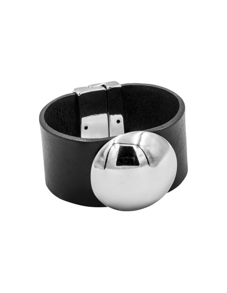 Black leather bracelet with wide polished steel element and classic design