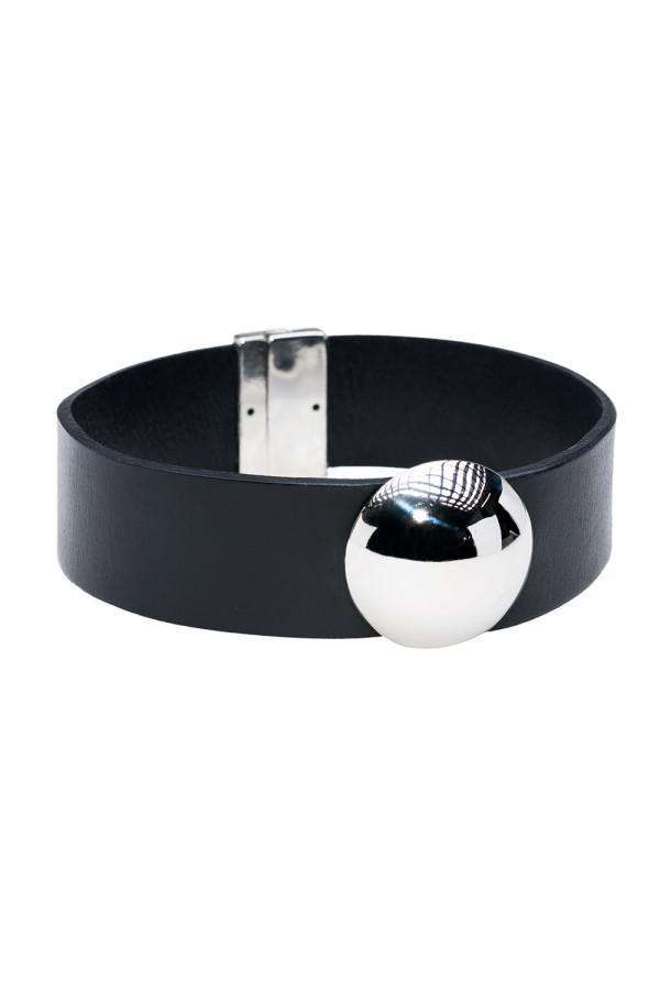 Handcrafted black leather choker with stainless steel hemisphere