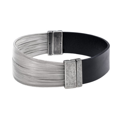 Choker made of leather and jeweler's steel mesh with magnetic clasp