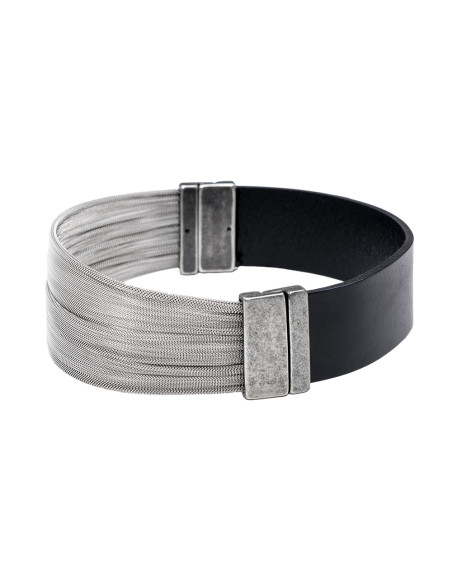 Choker made of leather and jeweler's steel mesh with magnetic clasp