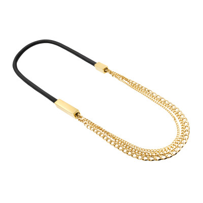 Long black leather necklace with gold stainless steel elements
