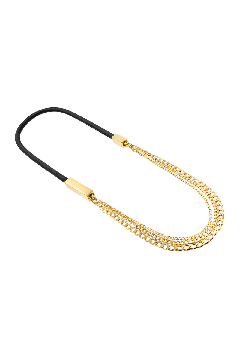 Long black leather necklace with gold stainless steel elements