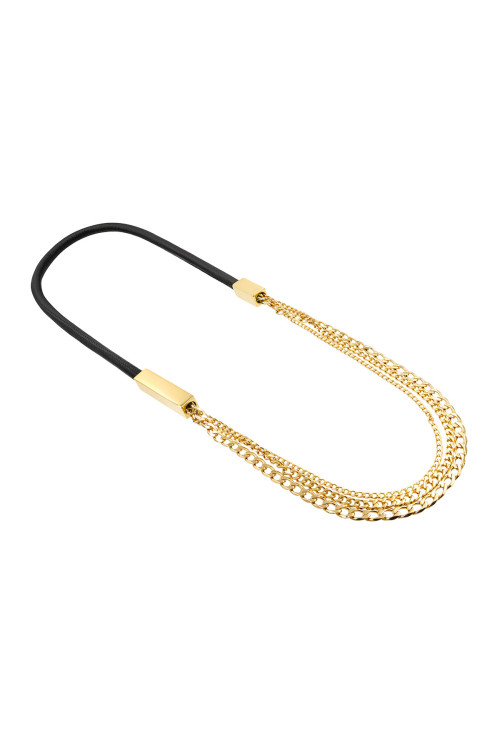 Long black leather necklace with gold stainless steel elements