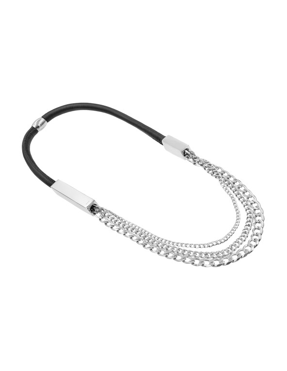 Leather and silver stainless steel necklace in a modern design