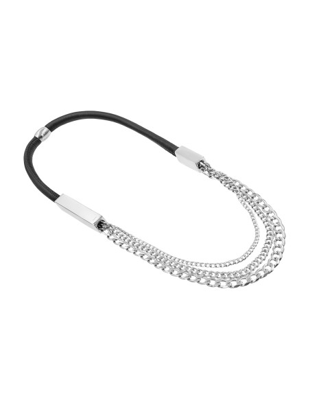Leather and silver stainless steel necklace in a modern design