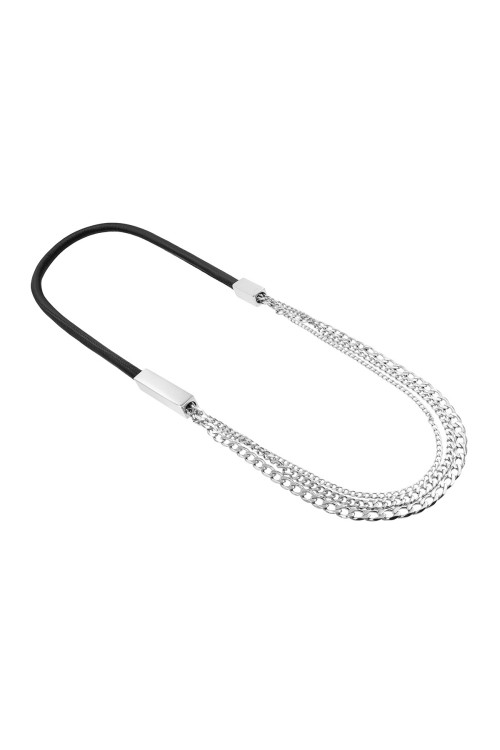 Long black leather necklace with silver stainless steel elements