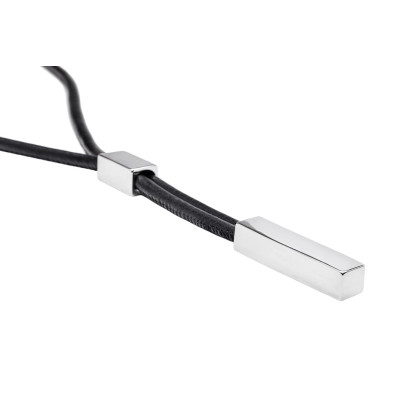 2-in-1 black leather and stainless steel necklace with rectangular polished steel elements