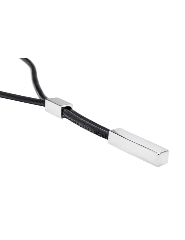 2-in-1 black leather and stainless steel necklace with rectangular polished steel elements