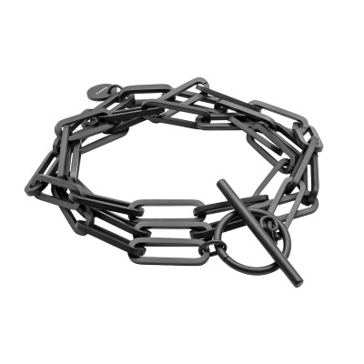 Black matte stainless steel bracelet with large links wrapped three times around the wrist