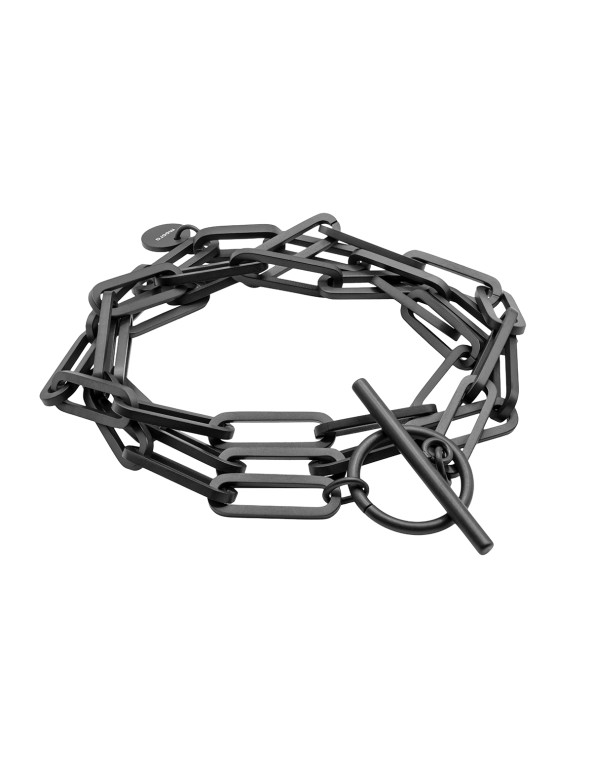 Black matte stainless steel bracelet with large links wrapped three times around the wrist