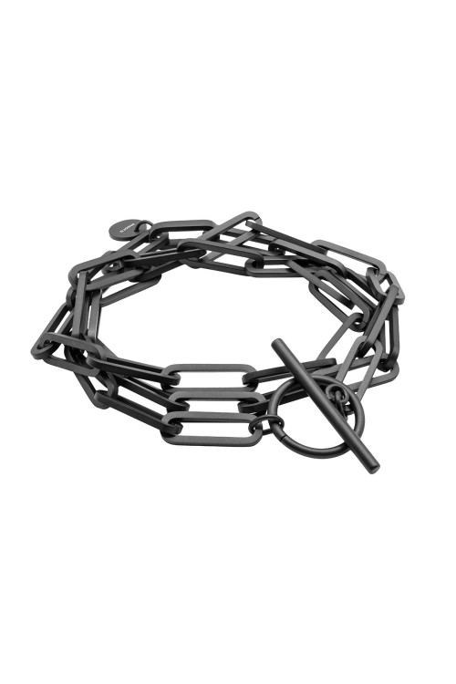 Black matte stainless steel bracelet with large links wrapped three times around the wrist
