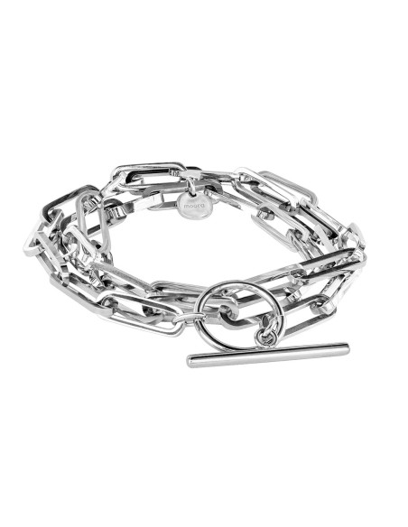 Silver stainless steel bracelet with large links wrapped three times around the wrist