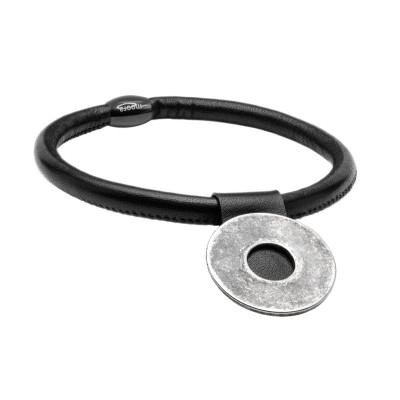 Black leather choker with matte stainless steel circle pendant and magnetic clasp