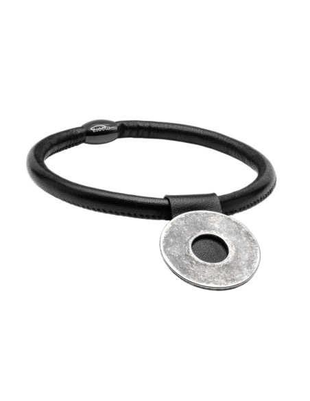 Black leather choker with matte stainless steel circle pendant and magnetic clasp