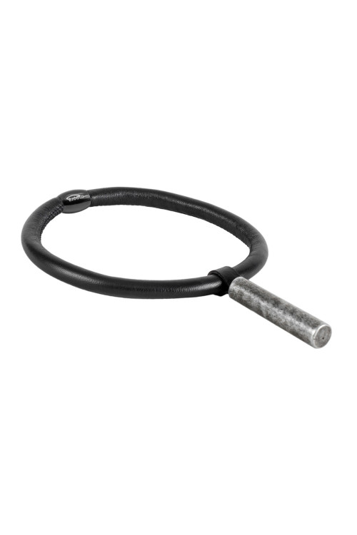 Black leather choker necklace with matte round stainless steel pendant