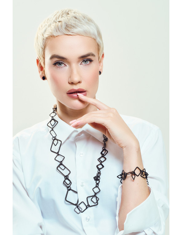 Long black matte stainless steel 3D necklace with movable elements