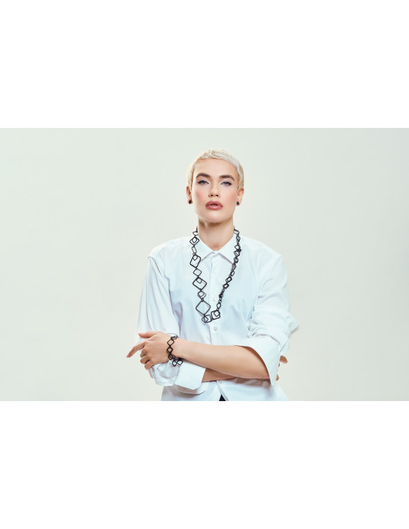 Long black matte stainless steel 3D necklace with movable elements