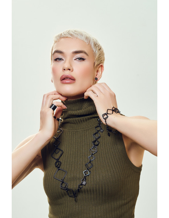 Long black matte stainless steel 3D necklace with movable elements