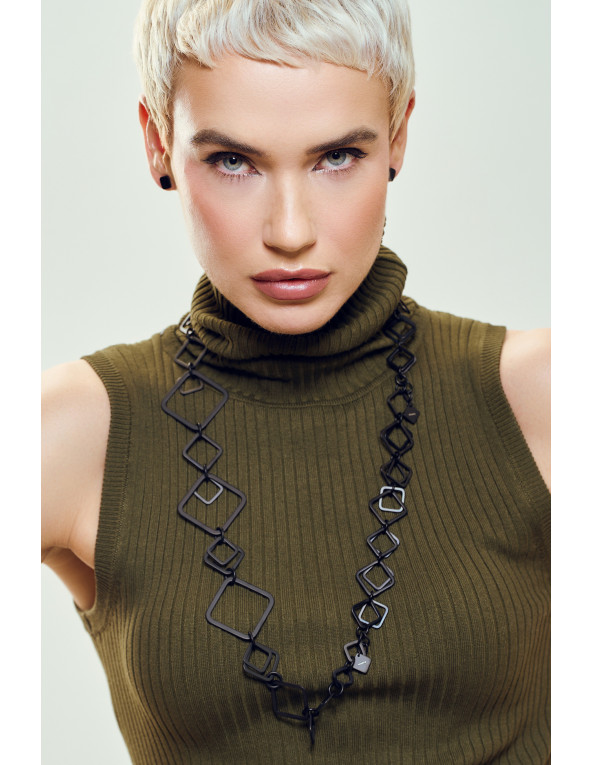 Long black matte stainless steel 3D necklace with movable elements