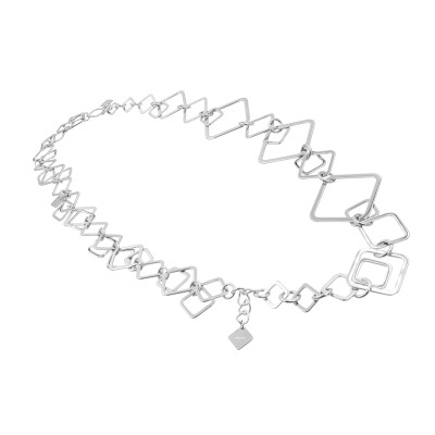 Long silver stainless steel 3D necklace with movable geometric elements